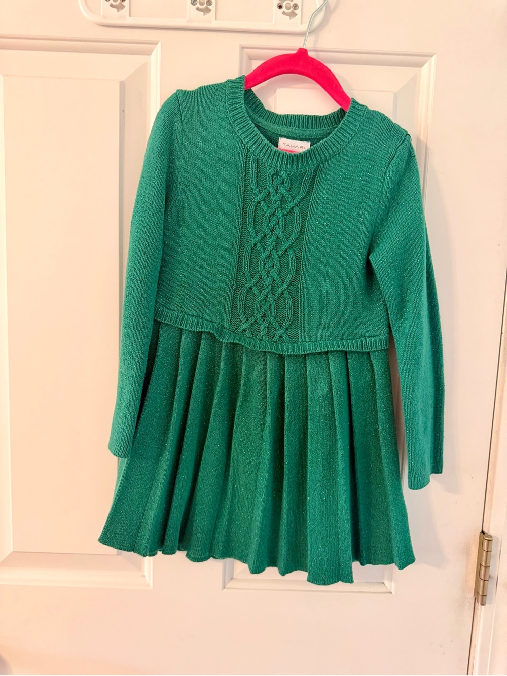 Girls Green Knit Cable Sweater Dress with Pleated Skirt